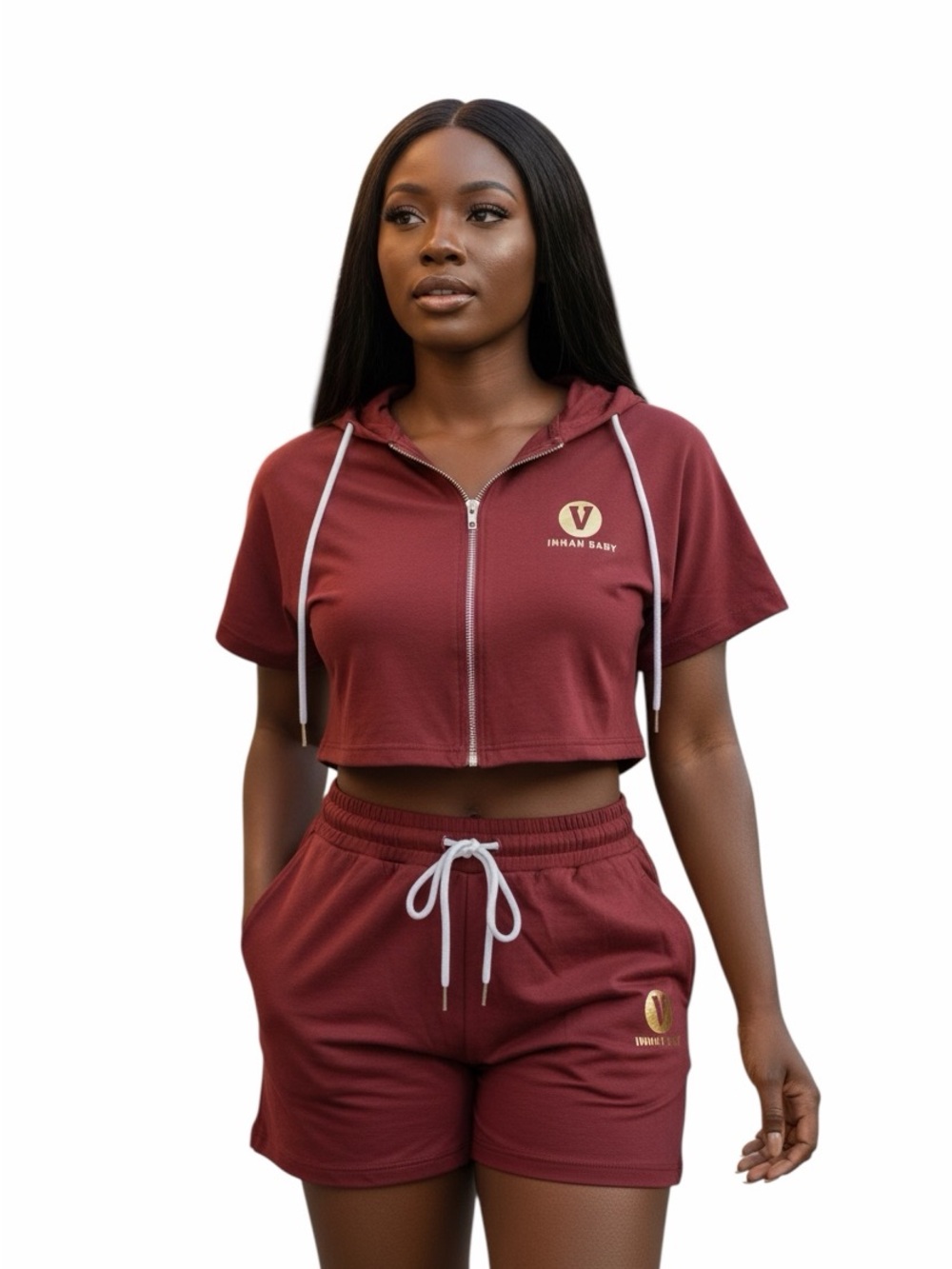 Vannah Baby Merch Cropped Zip Hoodie & Drawstring Shorts Set in Deep Wine